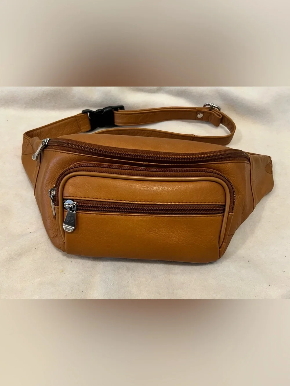Jorceo Tan Genuine Leather Belt Bag with Multiple Zip Pockets